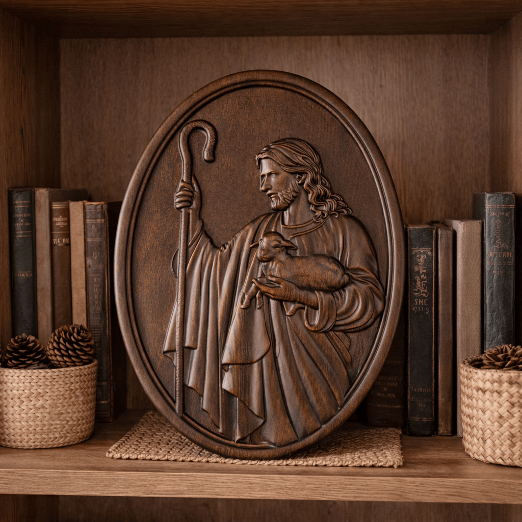 Oval wooden Jesus Good Shepherd relief displayed on a bookshelf as Christian decor