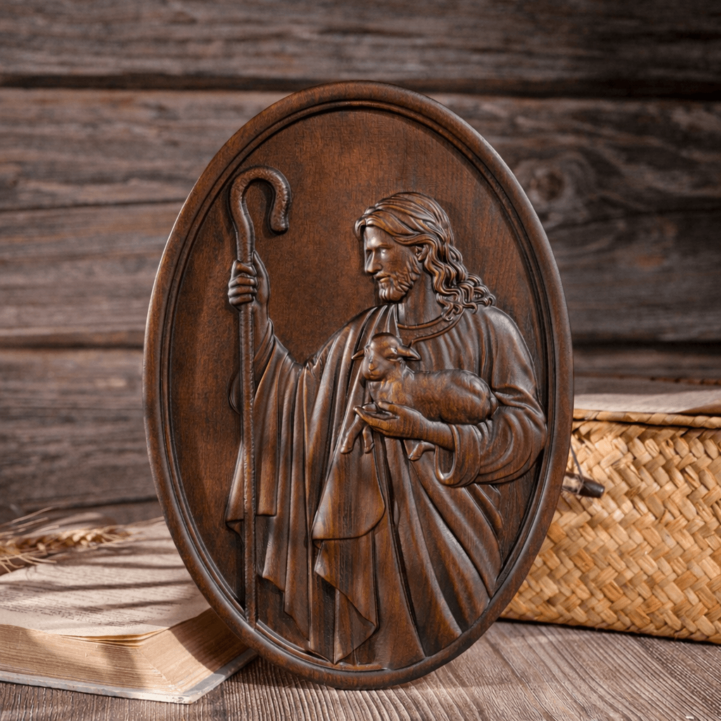 Hand-carved wooden relief of Jesus the Good Shepherd made from solid beech wood