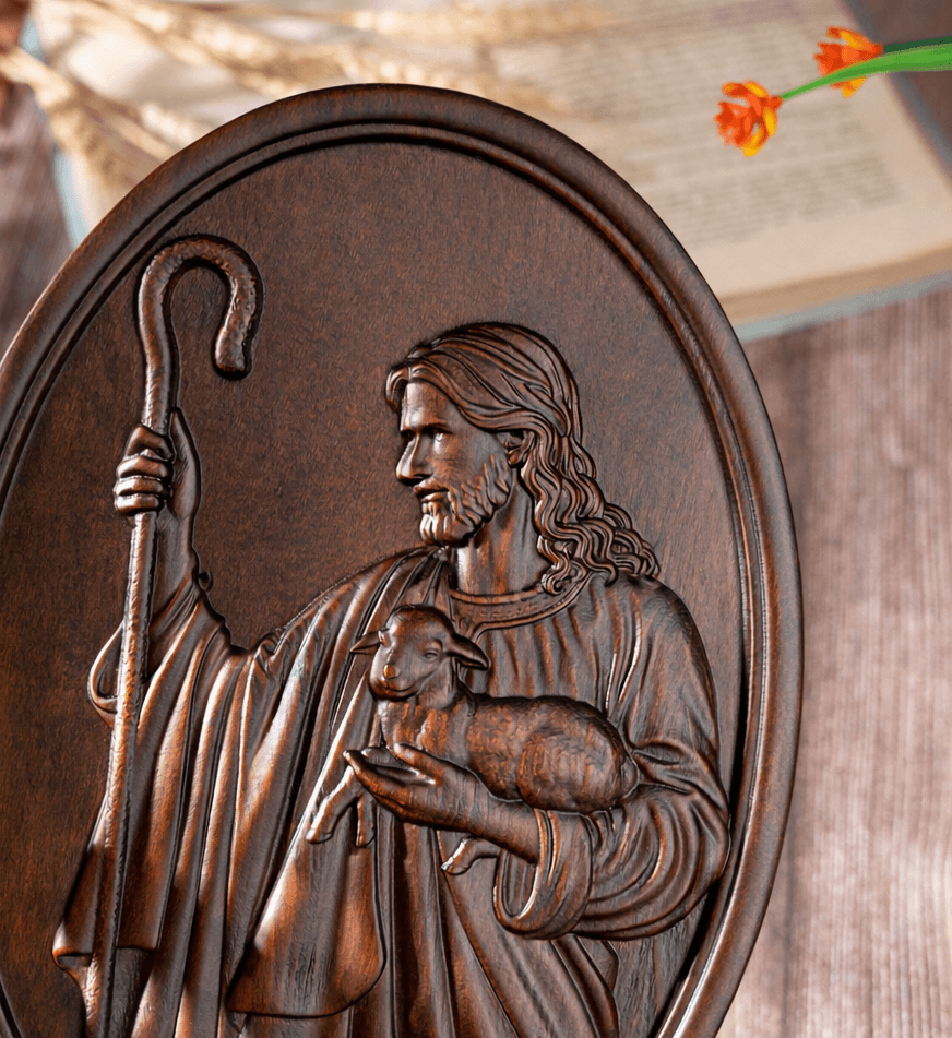 Angled view of Jesus the Good Shepherd wooden relief showing hand-carved details